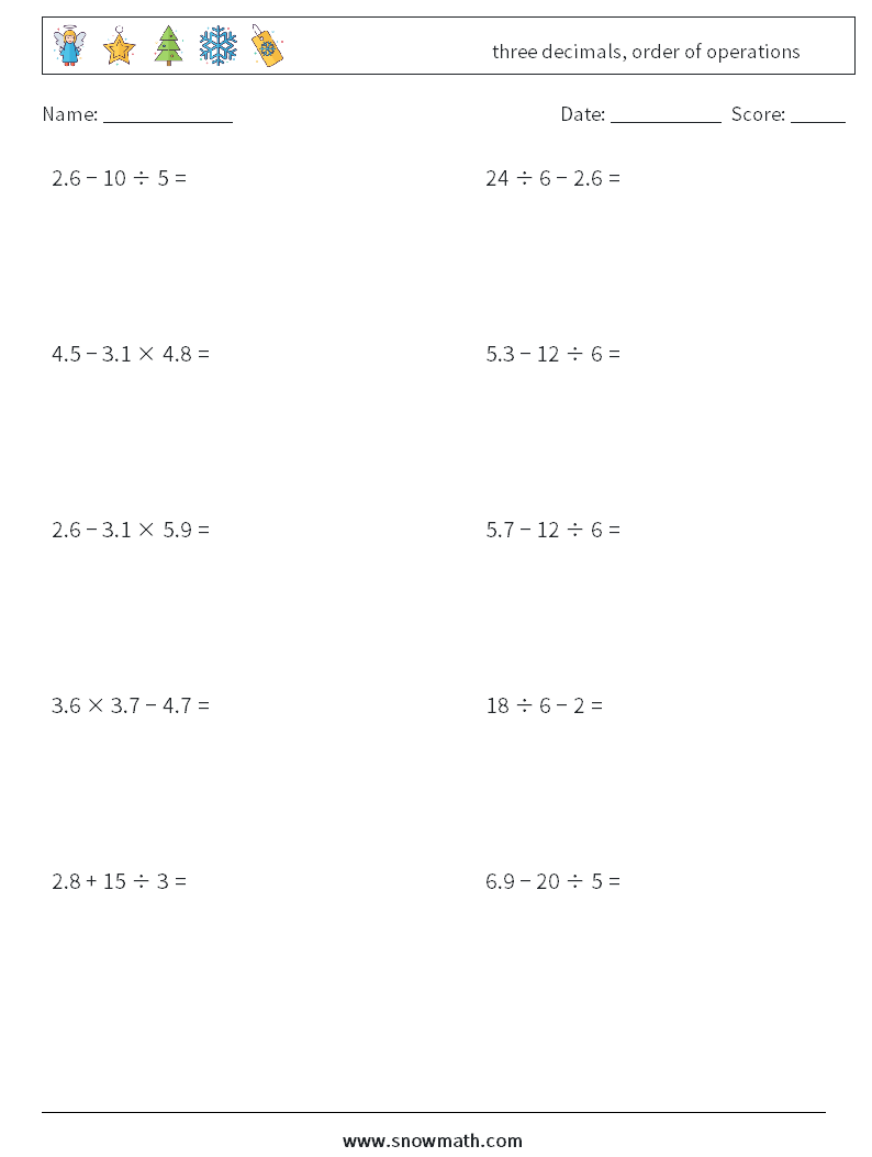 three decimals, order of operations Math Worksheets 3