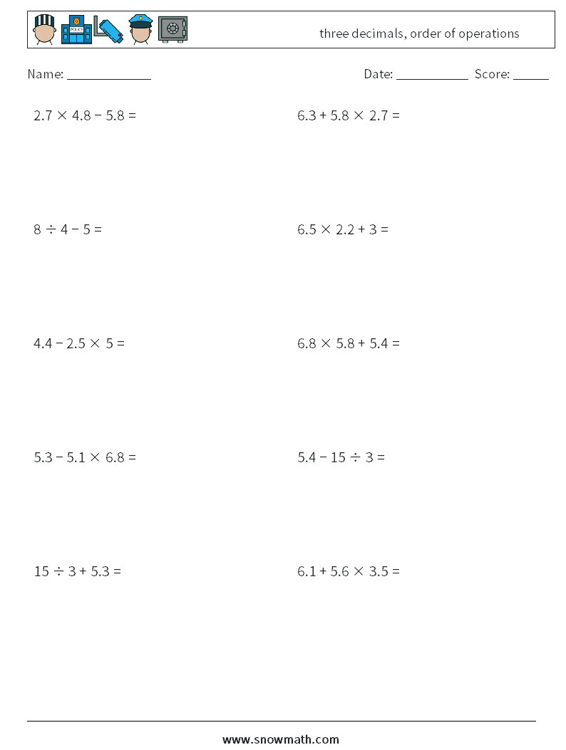 three decimals, order of operations Math Worksheets 4