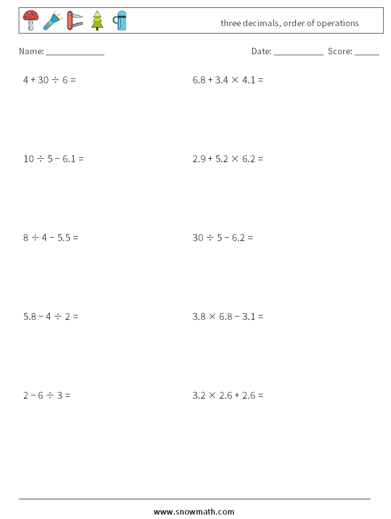 three decimals, order of operations Maths Worksheets 5