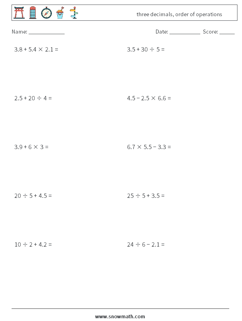 three decimals, order of operations Math Worksheets 6
