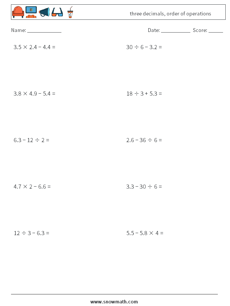 three decimals, order of operations Math Worksheets 7