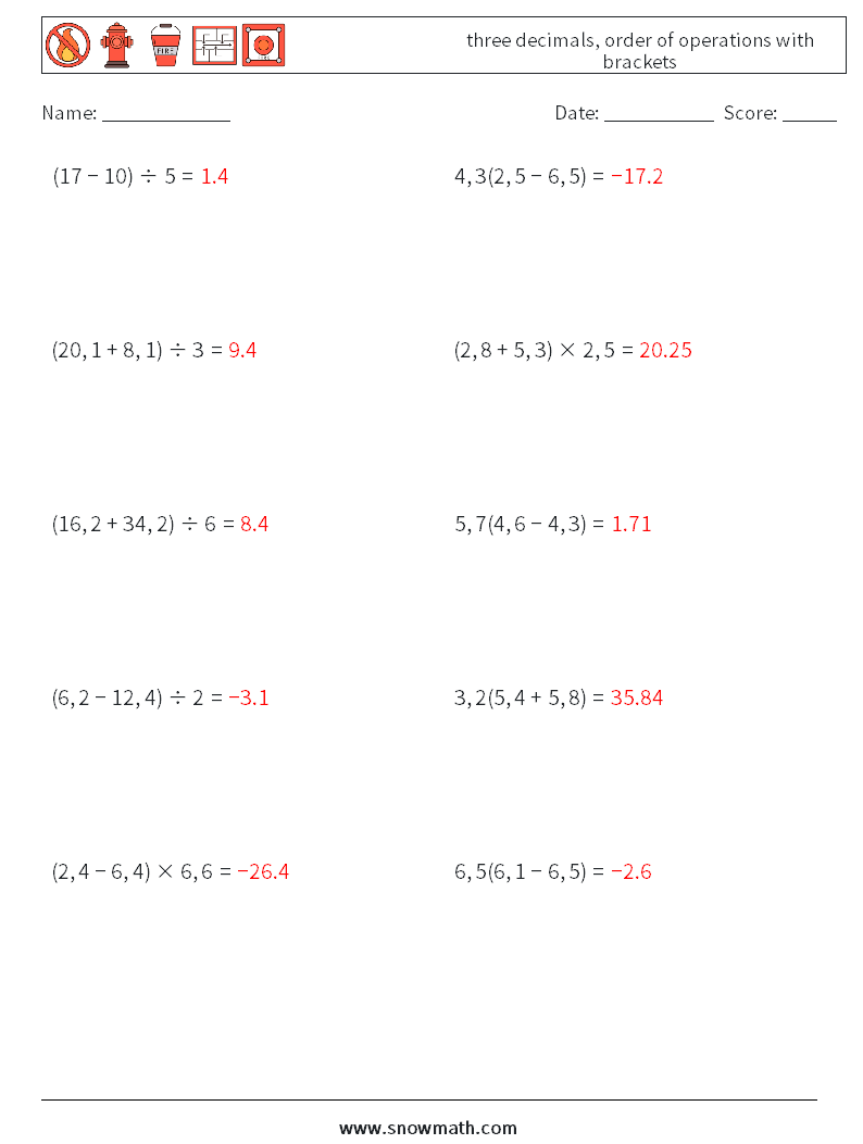 three decimals, order of operations with brackets Math Worksheets 10 Question, Answer