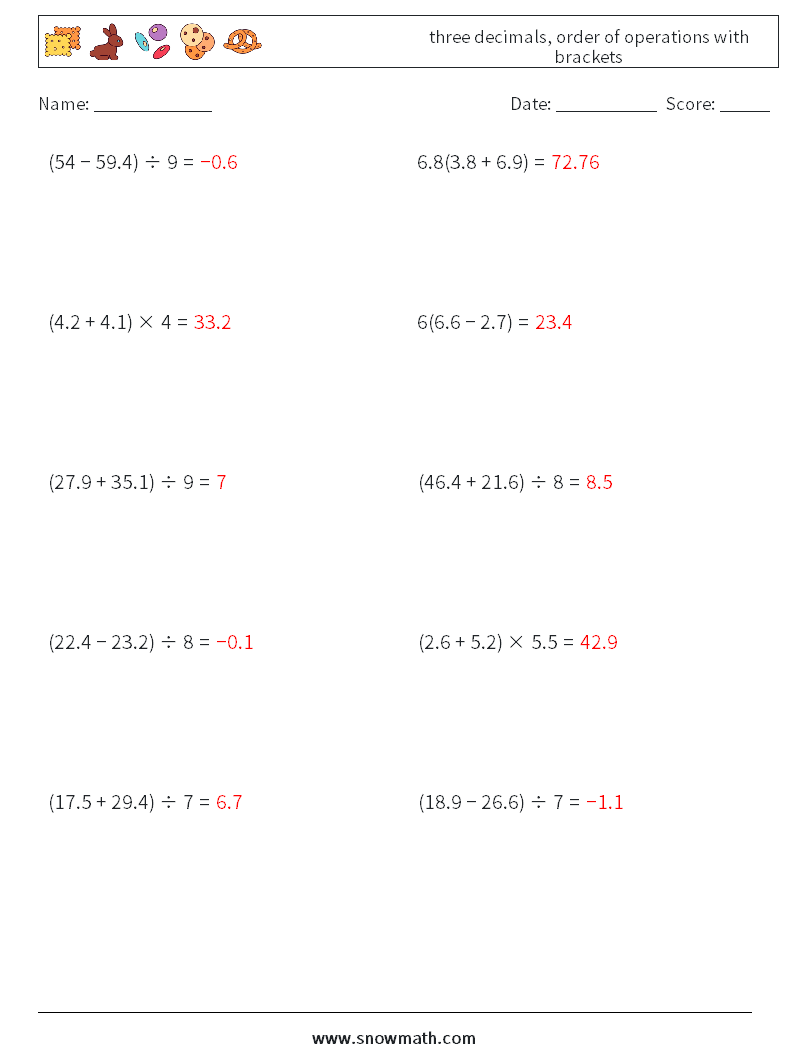 three decimals, order of operations with brackets Math Worksheets 13 Question, Answer