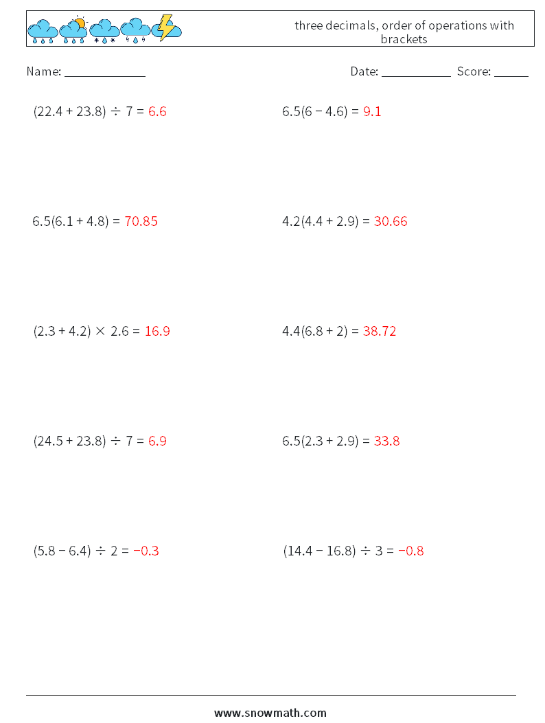 three decimals, order of operations with brackets Math Worksheets 14 Question, Answer