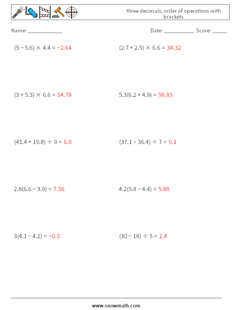 three decimals, order of operations with brackets Math Worksheets 15 Question, Answer