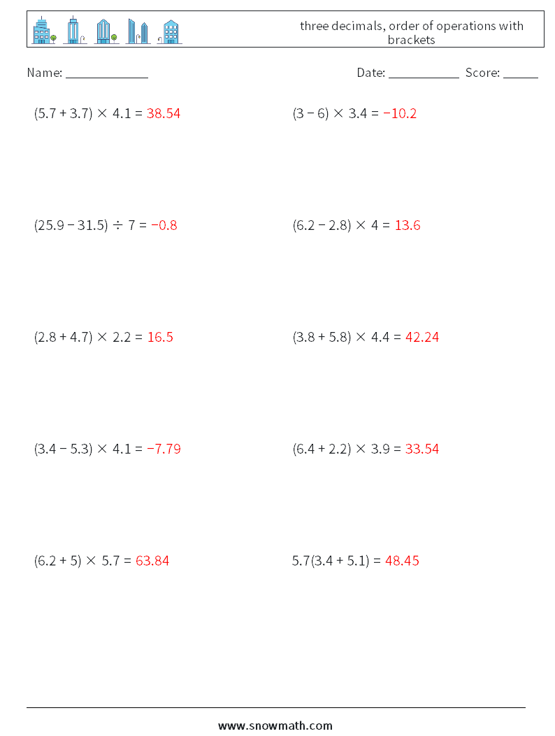 three decimals, order of operations with brackets Math Worksheets 16 Question, Answer