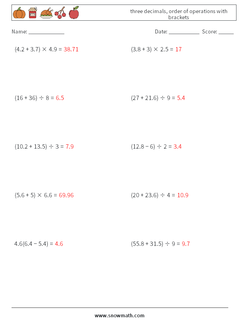 three decimals, order of operations with brackets Math Worksheets 17 Question, Answer