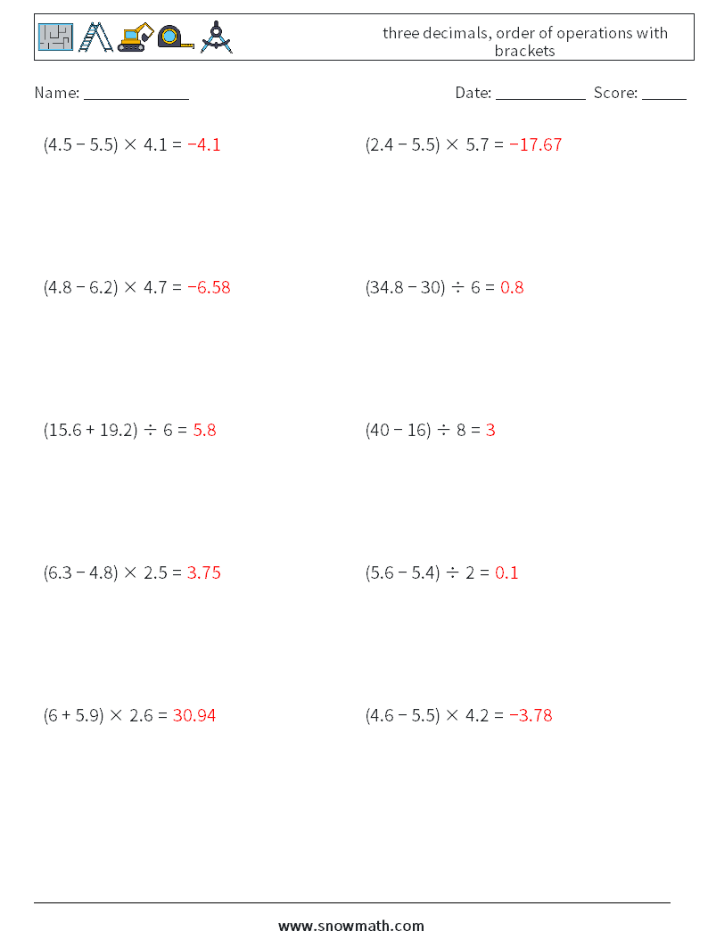 three decimals, order of operations with brackets Math Worksheets 18 Question, Answer