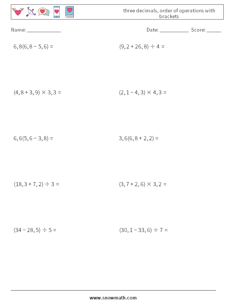 three decimals, order of operations with brackets Math Worksheets 2