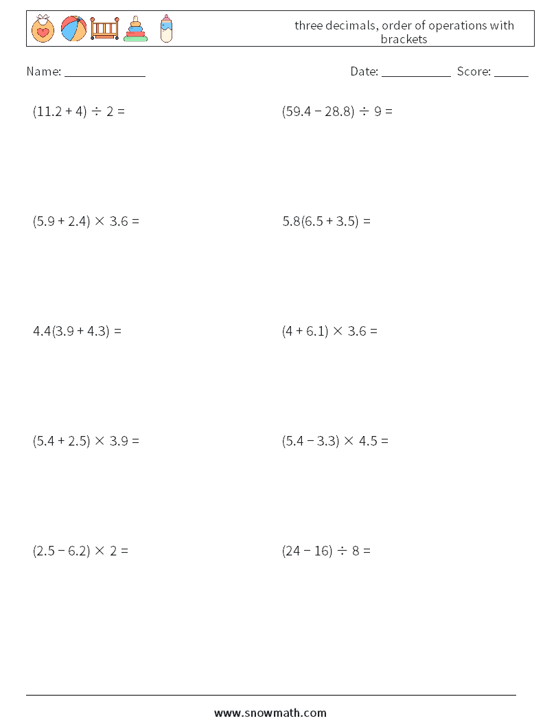 three decimals, order of operations with brackets Maths Worksheets 3