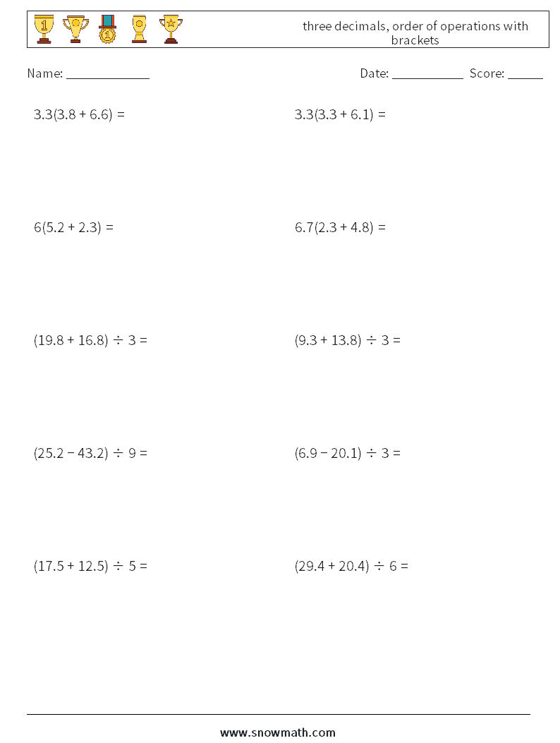 three decimals, order of operations with brackets Maths Worksheets 8