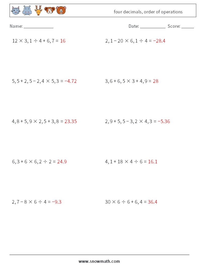 four decimals, order of operations Math Worksheets 10 Question, Answer