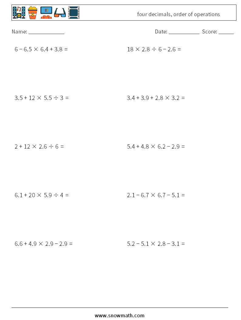 four decimals, order of operations Maths Worksheets 11