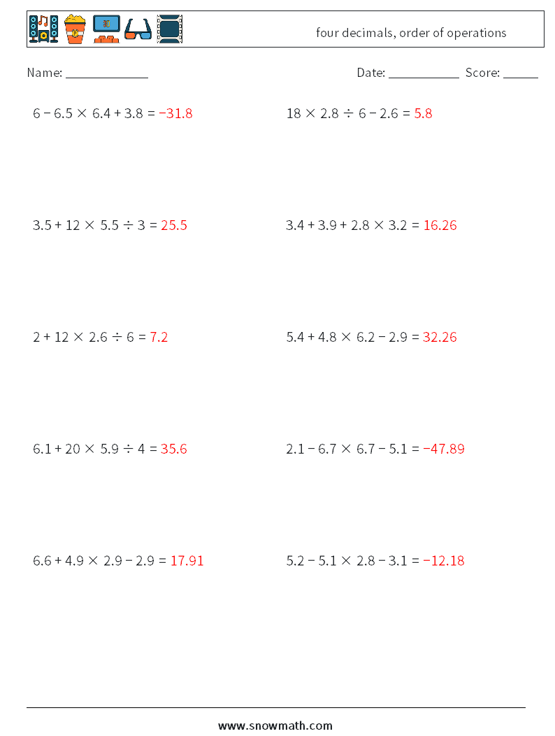 four decimals, order of operations Math Worksheets 11 Question, Answer