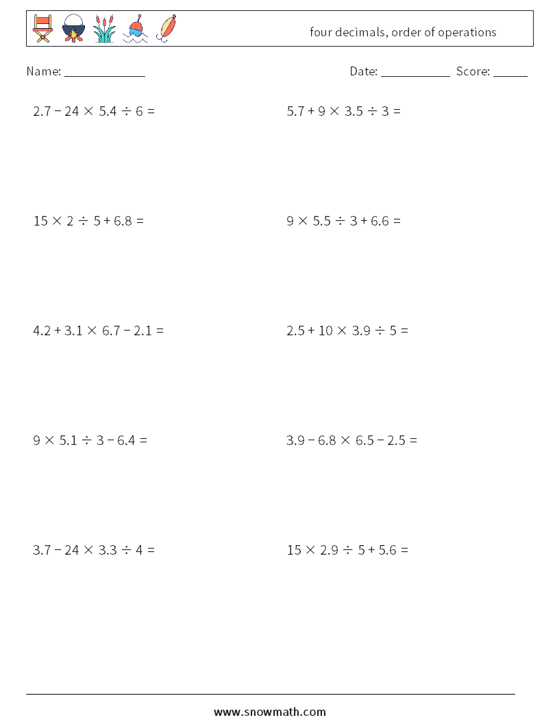 four decimals, order of operations Maths Worksheets 12
