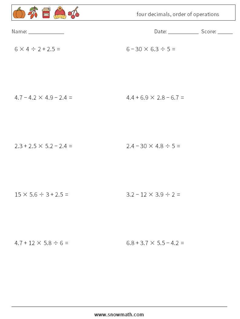 four decimals, order of operations Maths Worksheets 13
