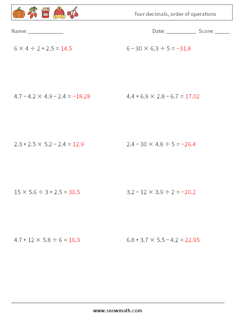 four decimals, order of operations Math Worksheets 13 Question, Answer