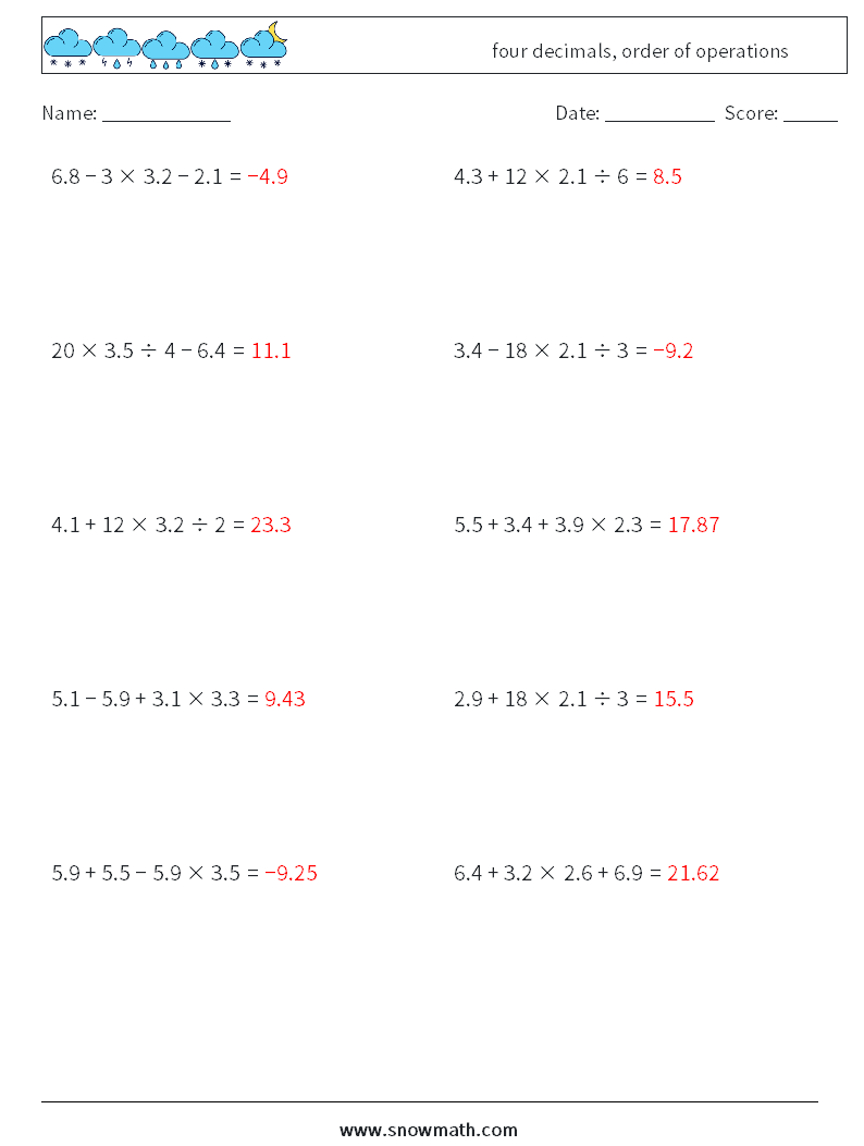 four decimals, order of operations Math Worksheets 16 Question, Answer