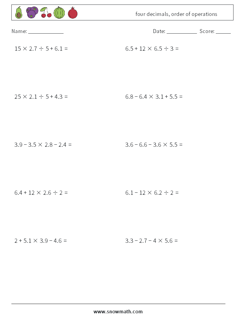 four decimals, order of operations Math Worksheets 17