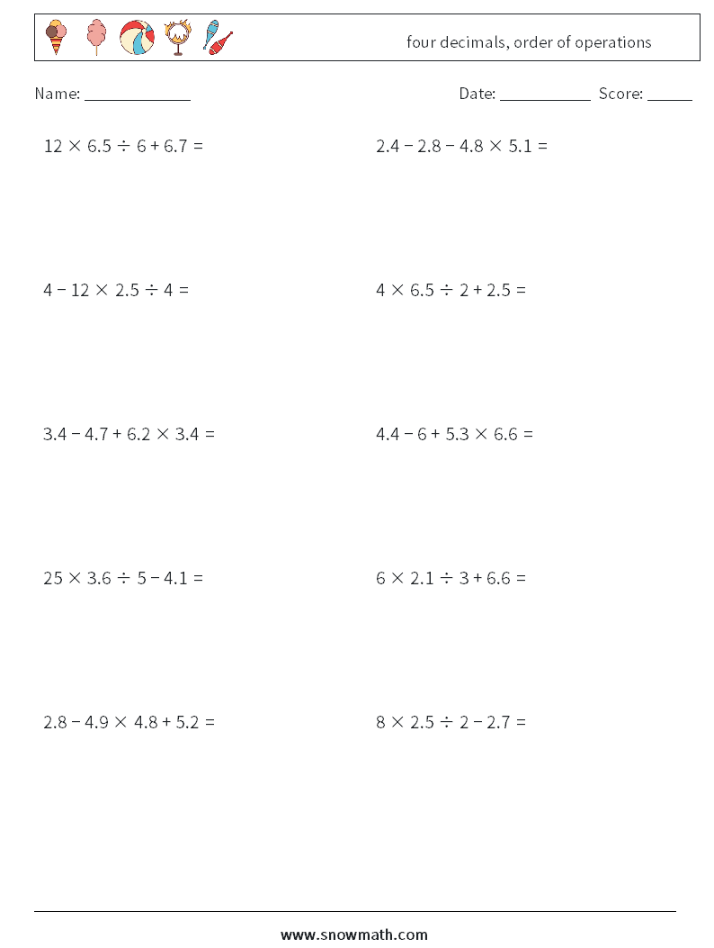 four decimals, order of operations Maths Worksheets 18
