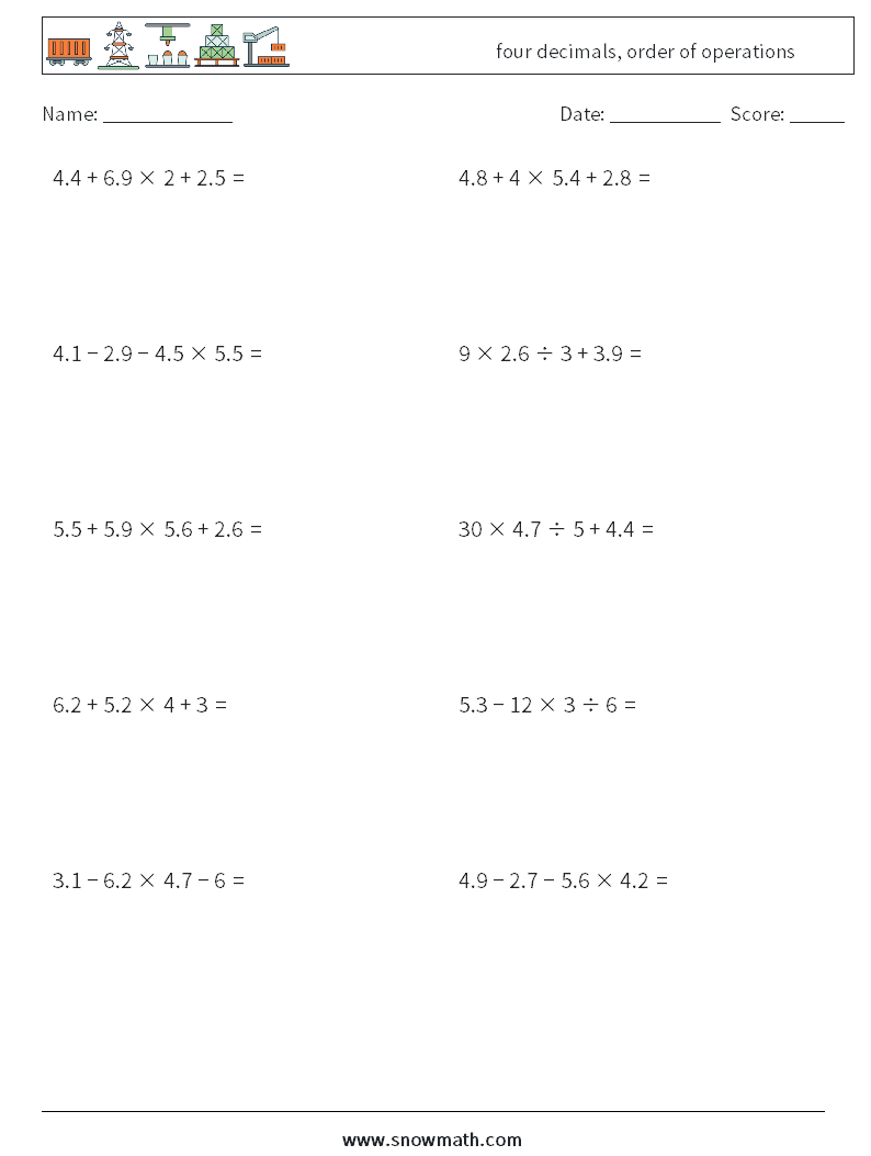 four decimals, order of operations Maths Worksheets 3