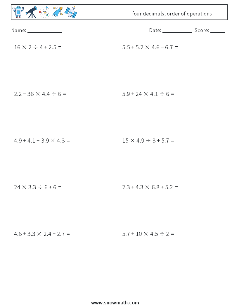 four decimals, order of operations Maths Worksheets 4