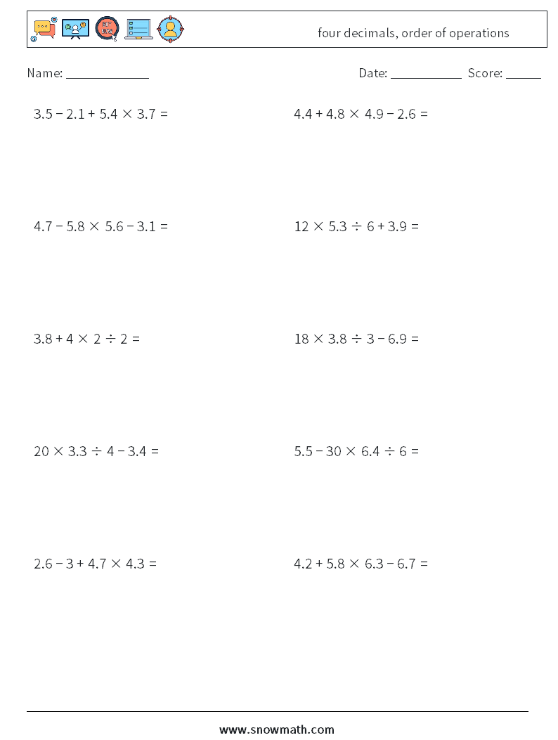 four decimals, order of operations Maths Worksheets 7