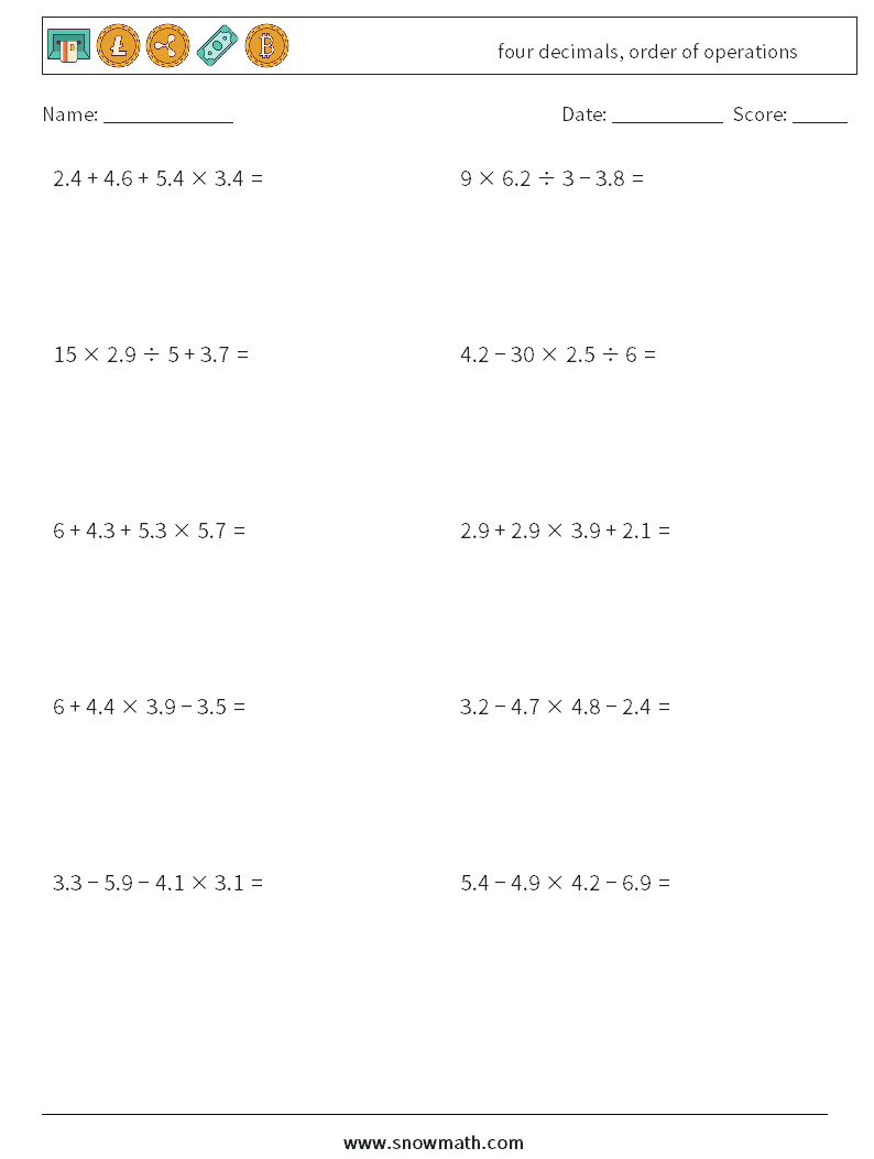 four decimals, order of operations Math Worksheets 8