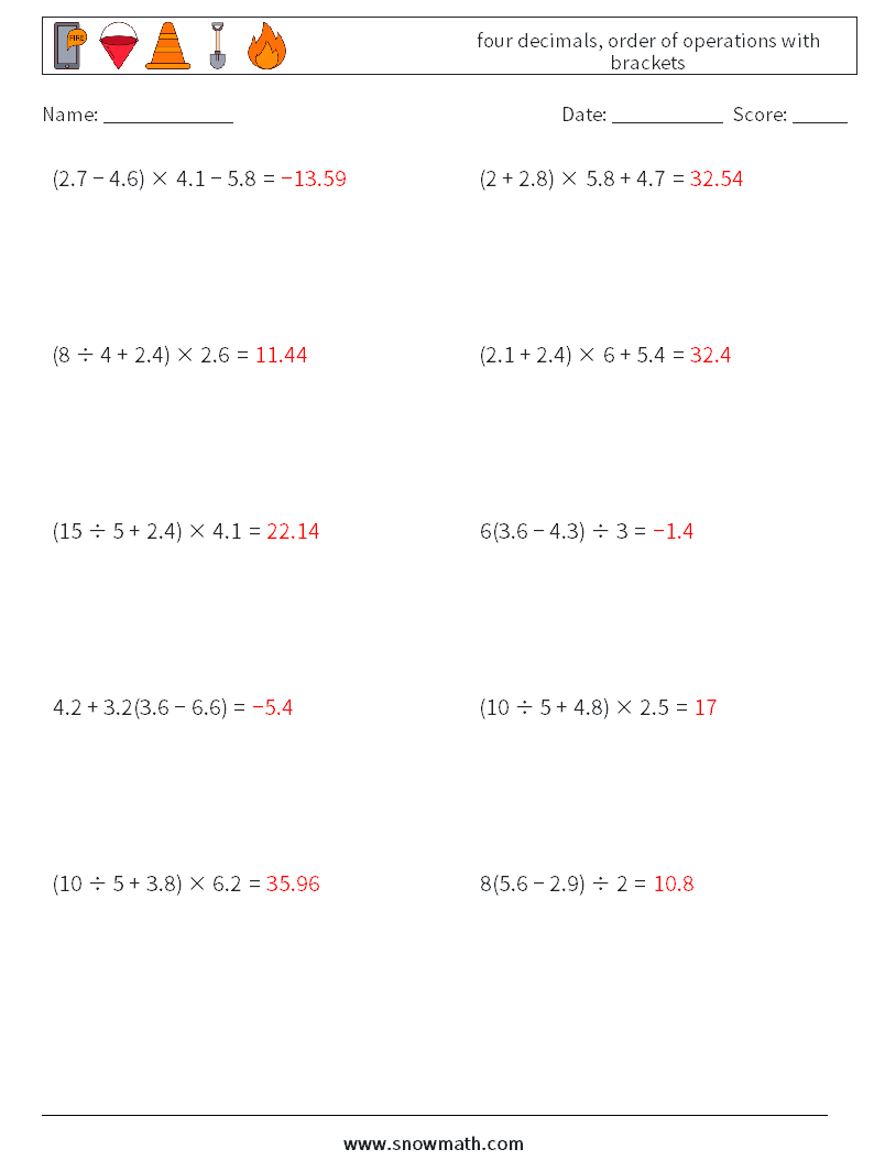 four decimals, order of operations with brackets Math Worksheets 11 Question, Answer