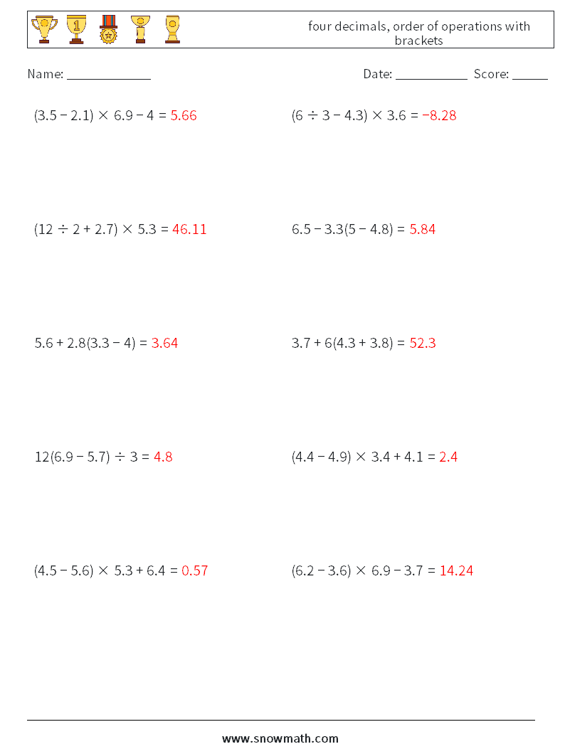 four decimals, order of operations with brackets Math Worksheets 16 Question, Answer