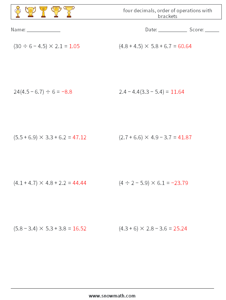 four decimals, order of operations with brackets Math Worksheets 18 Question, Answer