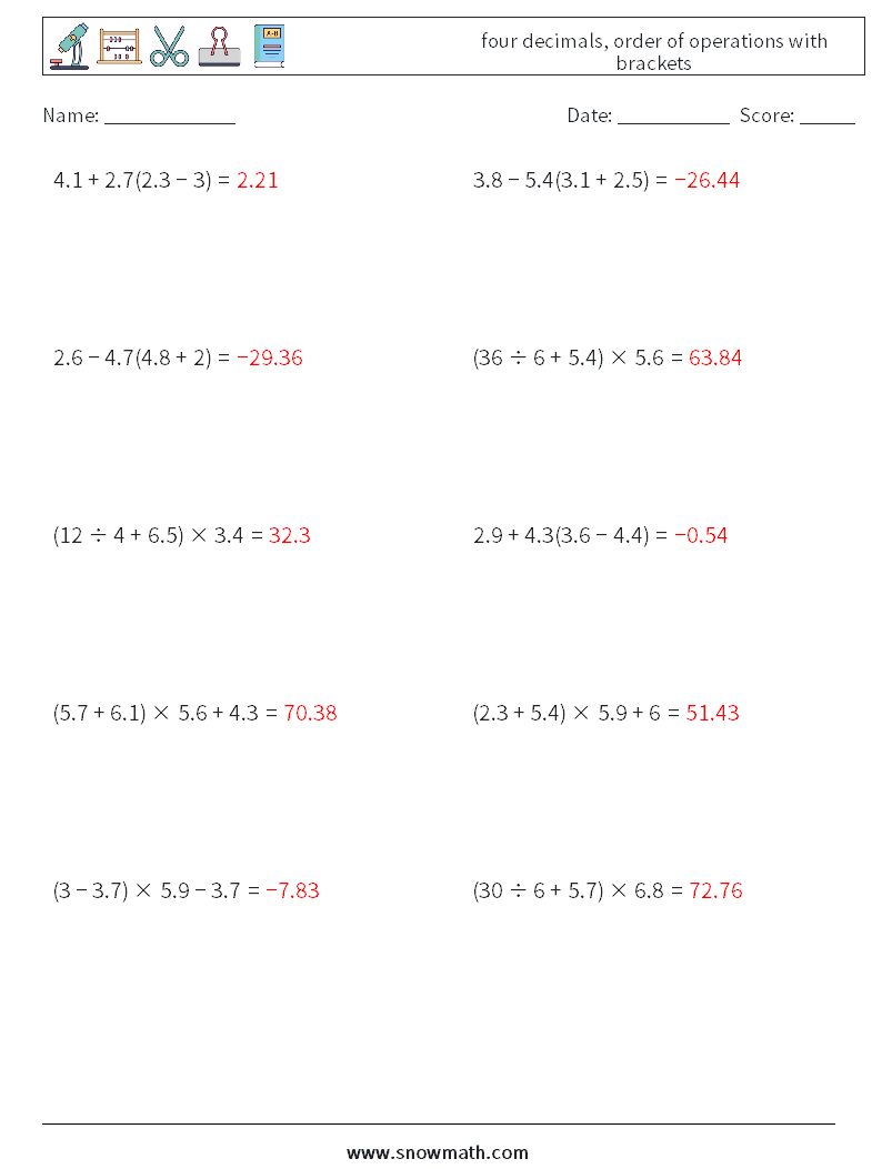 four decimals, order of operations with brackets Math Worksheets 3 Question, Answer