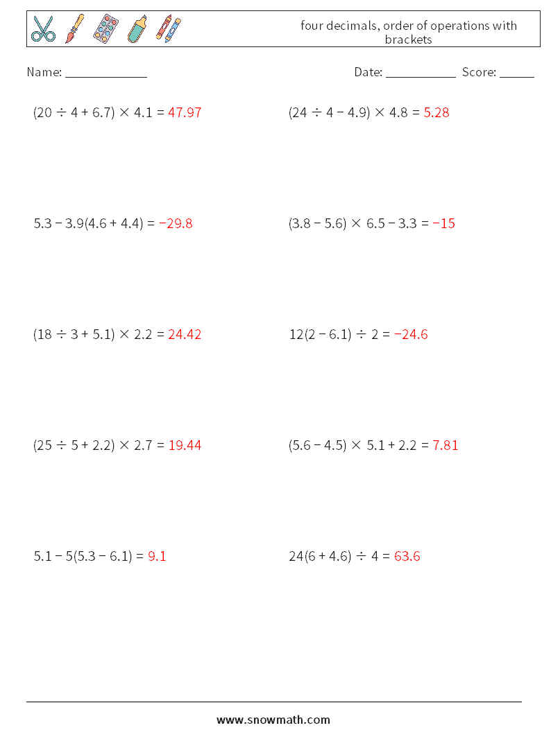 four decimals, order of operations with brackets Math Worksheets 4 Question, Answer