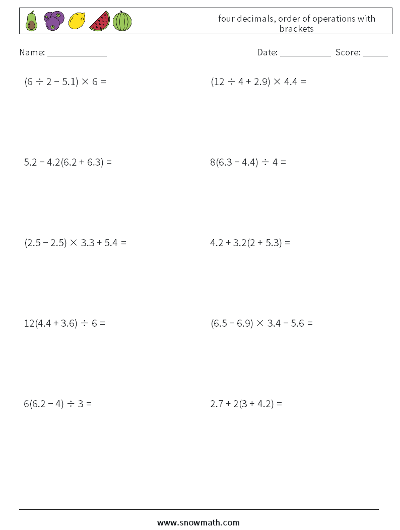 four decimals, order of operations with brackets Maths Worksheets 5