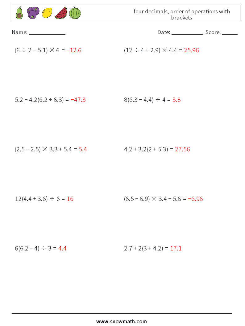 four decimals, order of operations with brackets Math Worksheets 5 Question, Answer