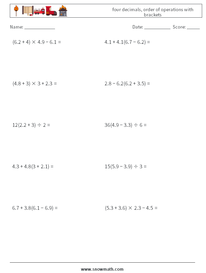 four decimals, order of operations with brackets Maths Worksheets 8