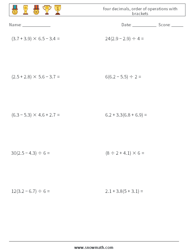 four decimals, order of operations with brackets Math Worksheets 9