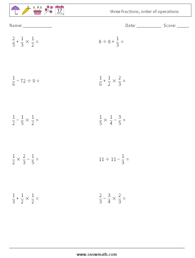 three fractions, order of operations Math Worksheets 10