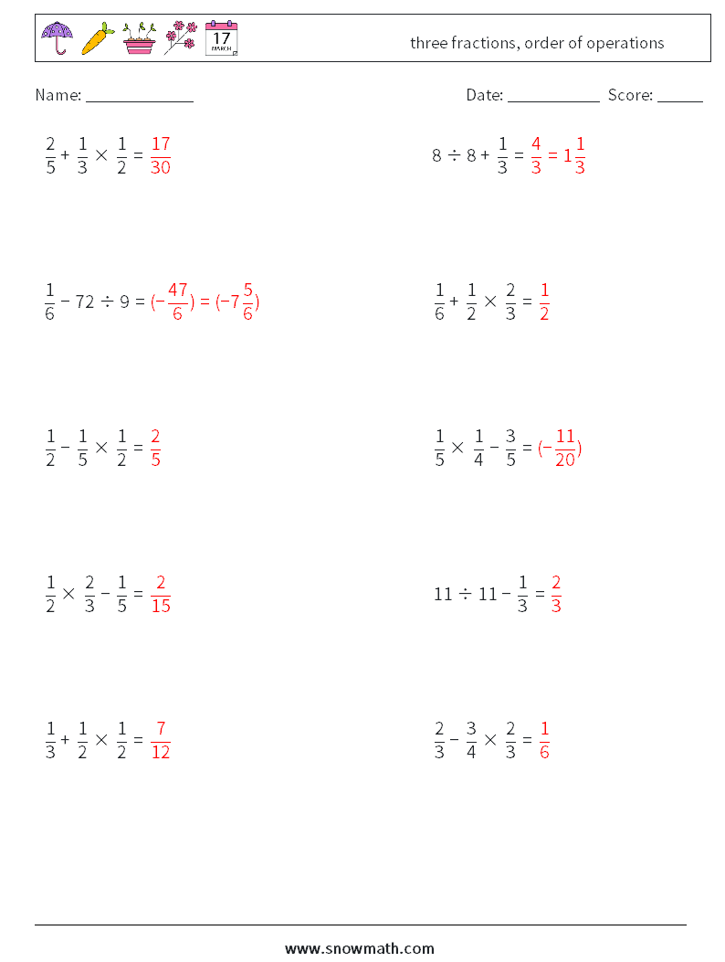 three fractions, order of operations Math Worksheets 10 Question, Answer