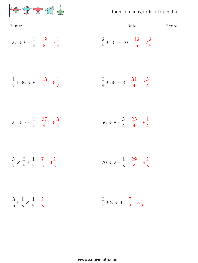 three fractions, order of operations Math Worksheets 11 Question, Answer