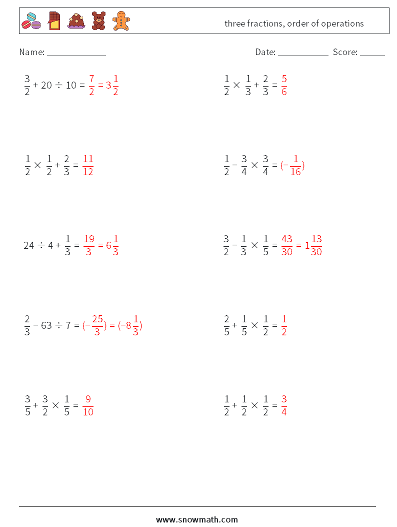 three fractions, order of operations Math Worksheets 12 Question, Answer