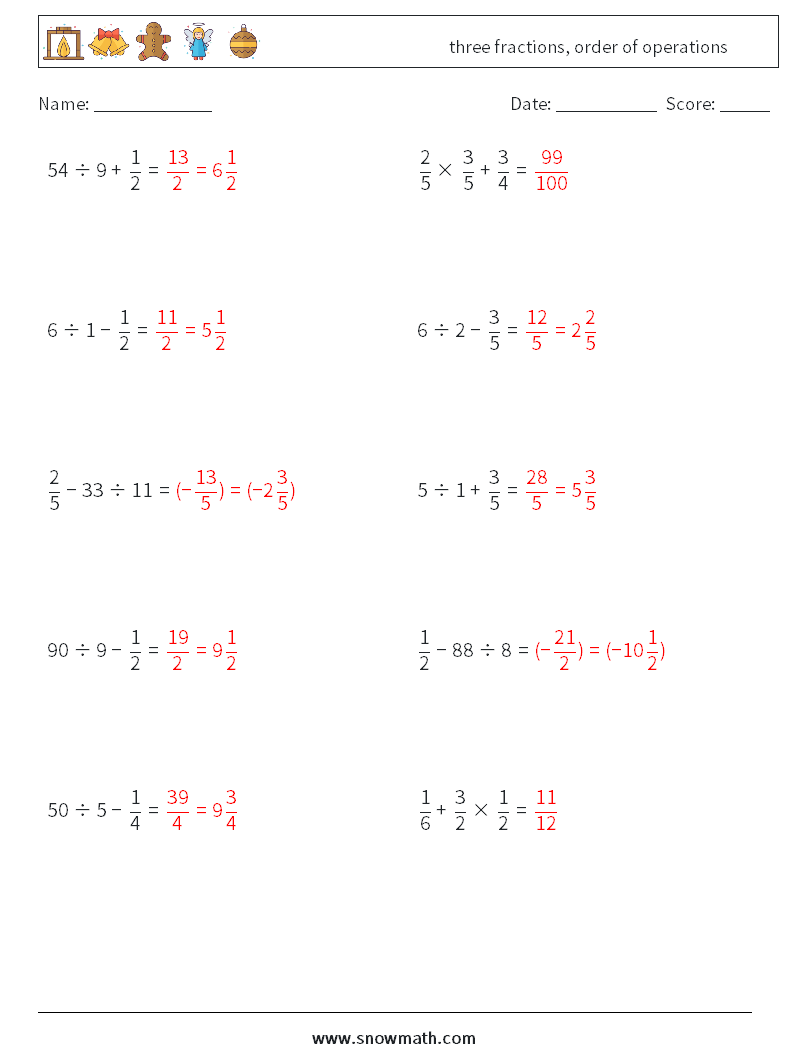 three fractions, order of operations Math Worksheets 13 Question, Answer