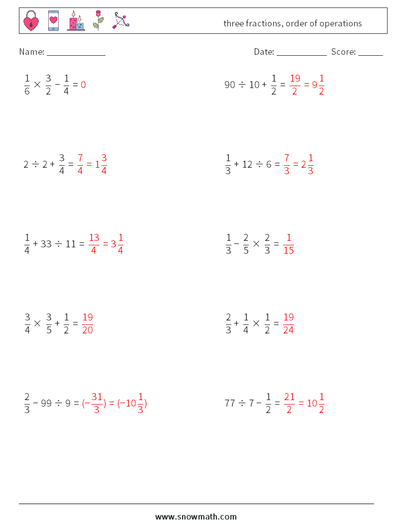 three fractions, order of operations Math Worksheets 14 Question, Answer