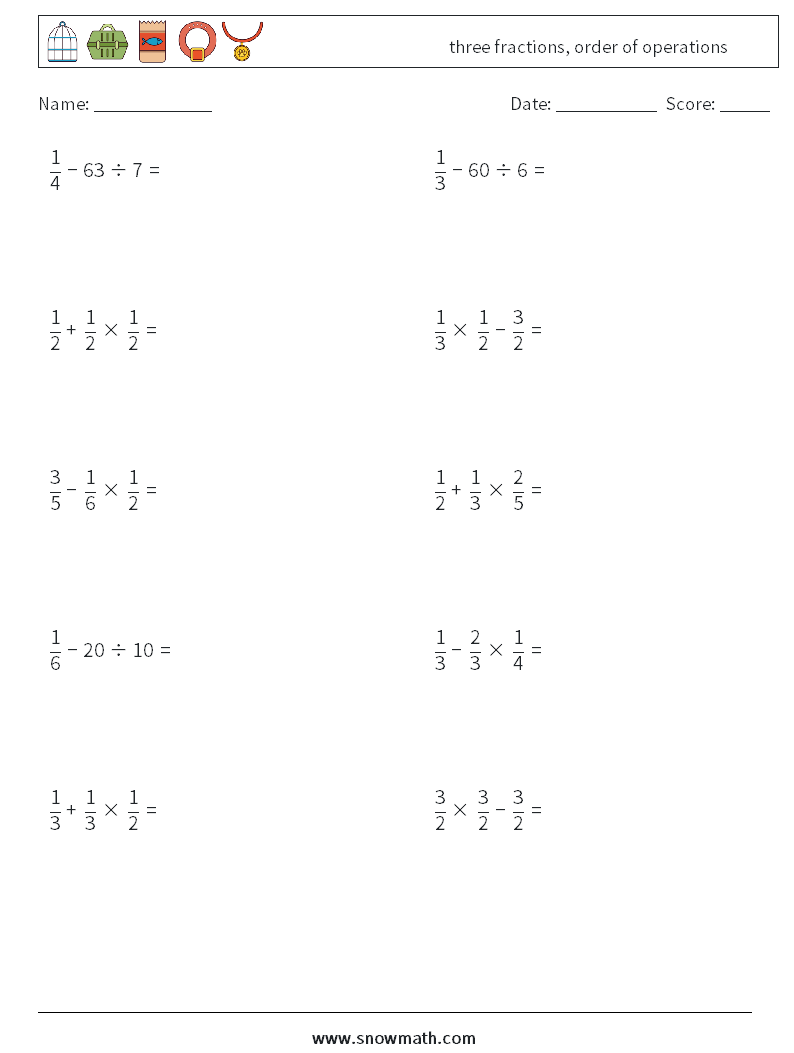 three fractions, order of operations Maths Worksheets 15
