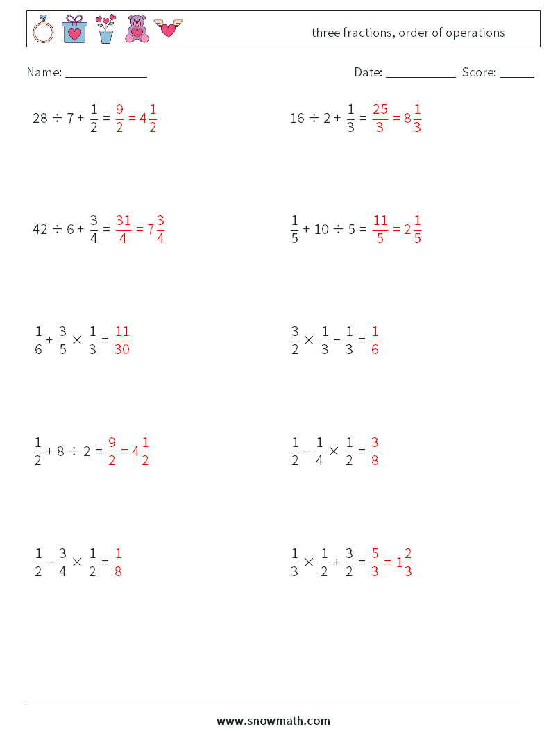 three fractions, order of operations Math Worksheets 16 Question, Answer