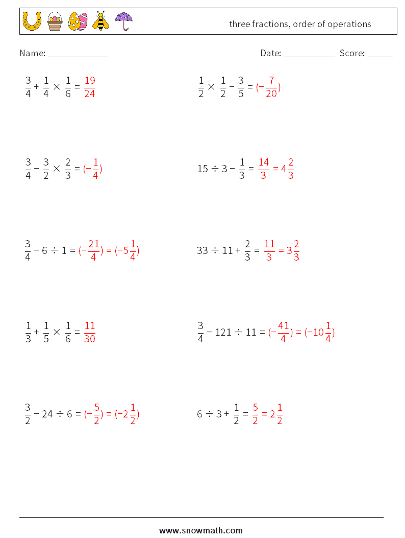 three fractions, order of operations Math Worksheets 17 Question, Answer