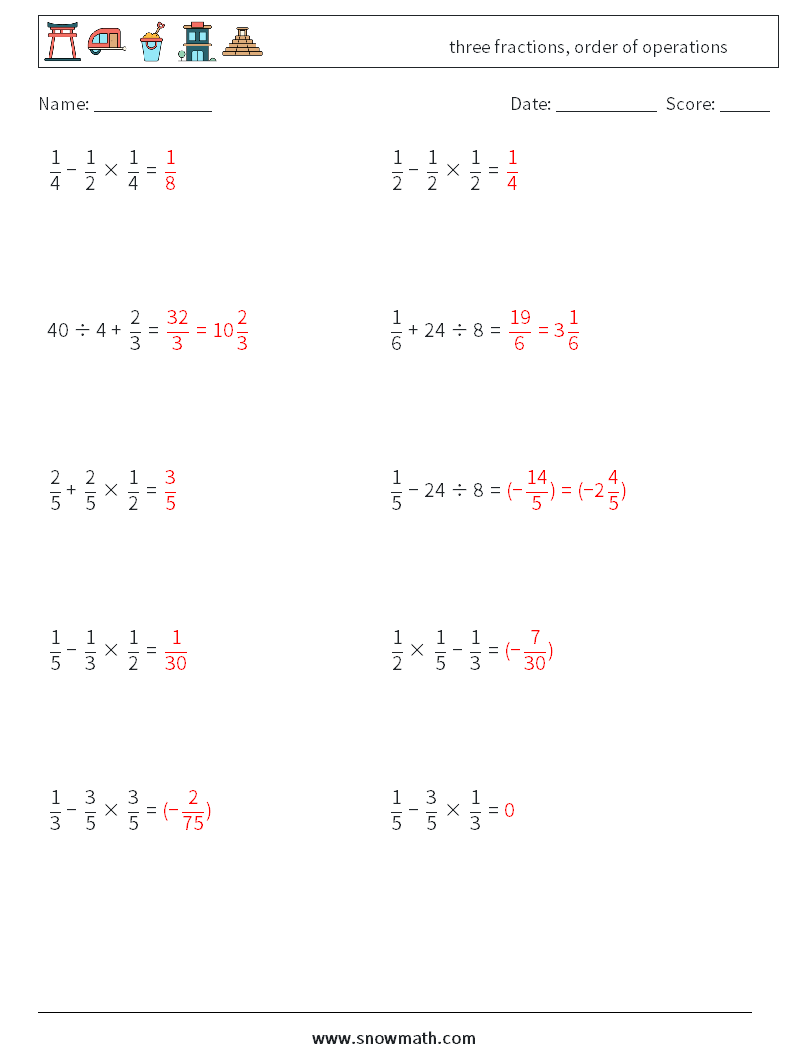 three fractions, order of operations Math Worksheets 18 Question, Answer