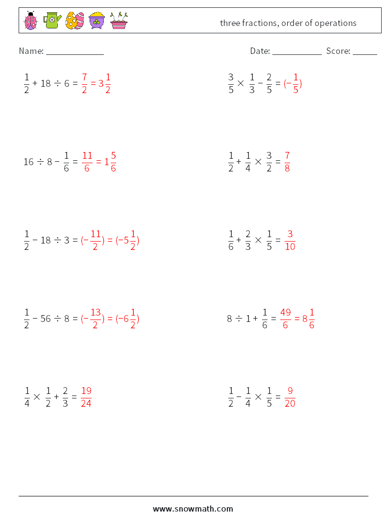 three fractions, order of operations Math Worksheets 2 Question, Answer