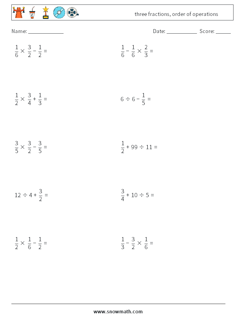 three fractions, order of operations Math Worksheets 3