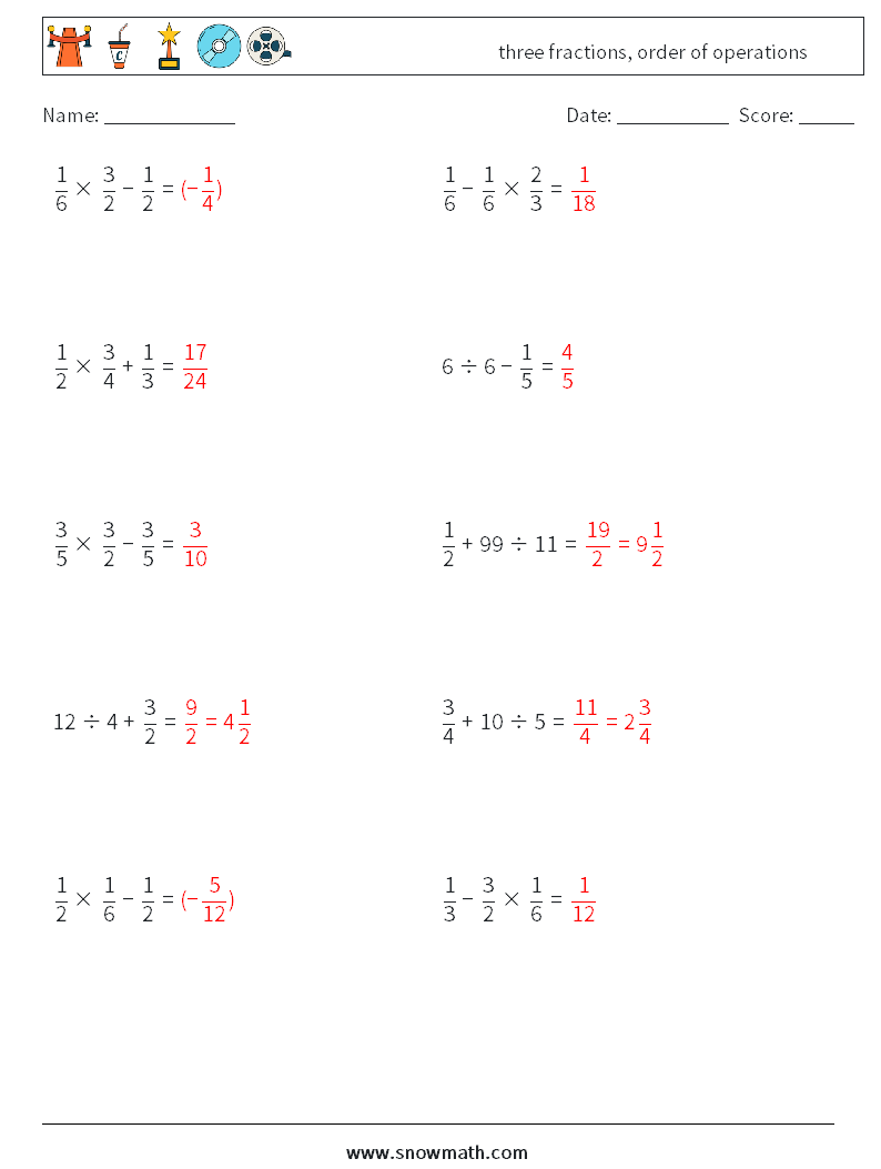 three fractions, order of operations Math Worksheets 3 Question, Answer